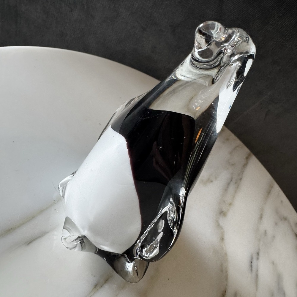 Hand Blown Vintage Art Glass Penguin 5" Black White Heavy Paperweight Poland